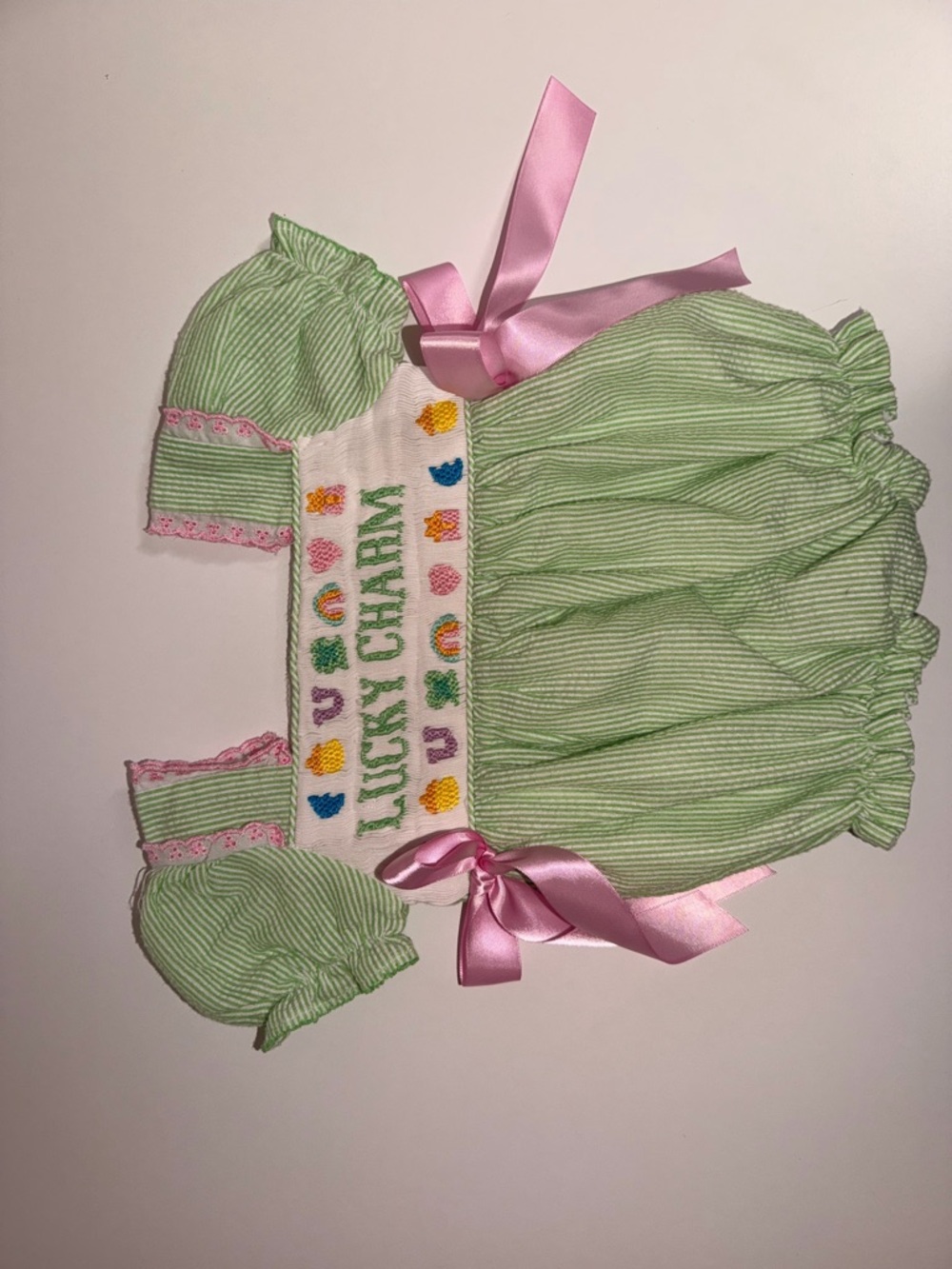 Green 'Lucky Charm' Embroidered Baby Dress with Pink Bows